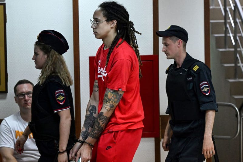 WNBA basketball superstar Brittney Griner arrives to a hearing at the Khimki Court, outside Moscow on July 7, 2022.