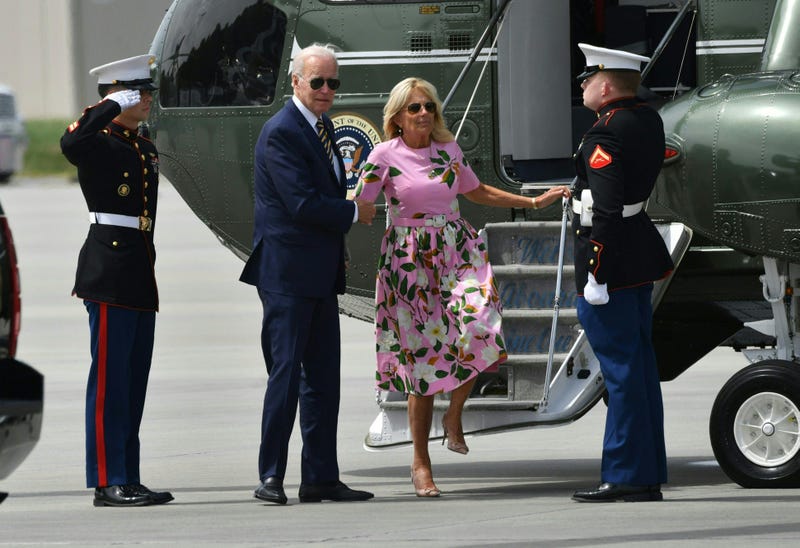 President Joe Biden and First Lady Jill Biden disembark Marine One at Charleston Executive Airport, South Carolina, on August 10, 2022.