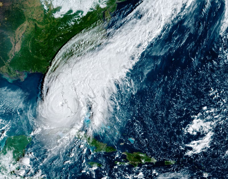 In this NOAA handout image taken by the GOES satellite at 13:10 UTC, Hurricane Ian approaches Florida on September 28, 2022 in the Gulf of Mexico. The storm is expected to bring a potentially life-threatening storm surge and hurricane-force winds.