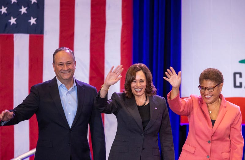 Second gentleman of the United States Douglas Emhoff, Vice President Kamala Harris and Los Angeles mayoral candidate Congressmember Karen Bass (R) campaign at a Get Out The Vote event on the campus of UCLA on the eve of Election Day on November 7, 2022 in Los Angeles, California.