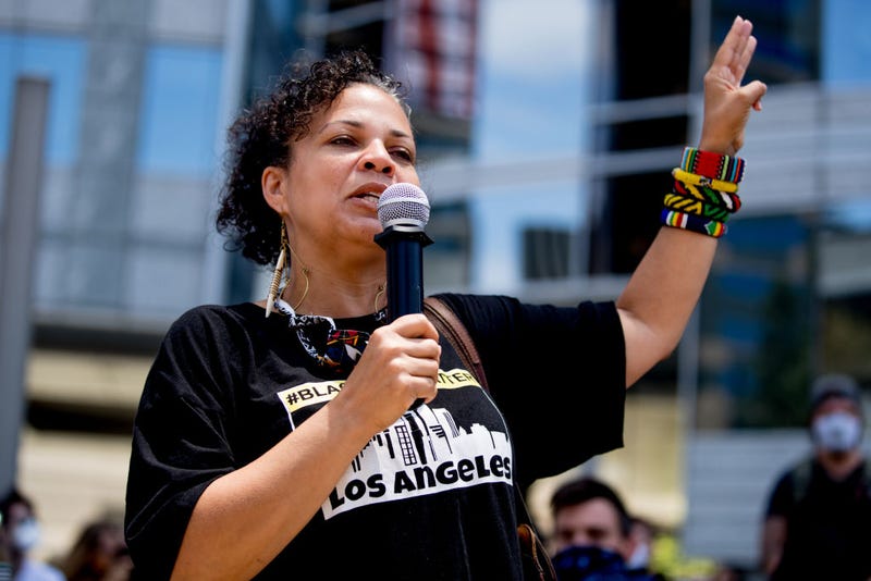 JUNE 06: Melina Abdullah participates in the Hollywood talent agencies march to support Black Lives Matter protests on June 06, 2020 in Beverly Hills, California.