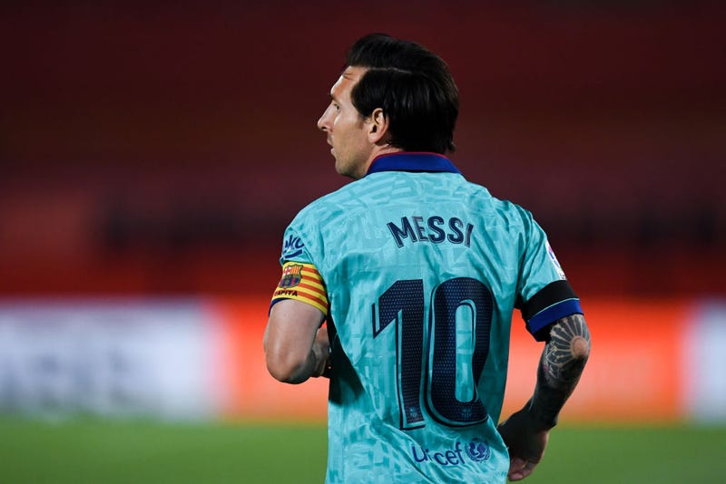 Lionel Messi of FC Barcelona looks on during the Liga match between RCD Mallorca and FC Barcelona at Estadio de Son Moix on June 13, 2020 in Mallorca, Spain