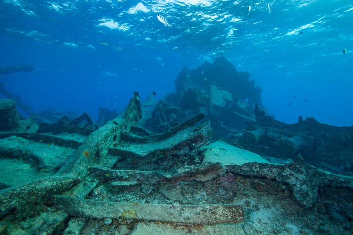 Debris on the ocean floor from a shipwreck.