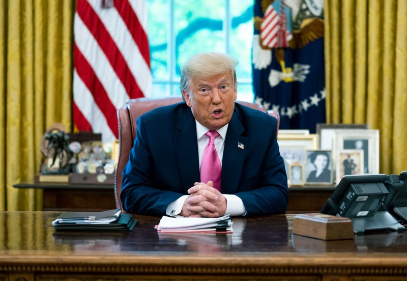 President Donald Trump talks to reporters while hosting Republican Congressional leaders and members of his cabinet in the Oval Office at the White House July 20, 2020 in Washington, DC.