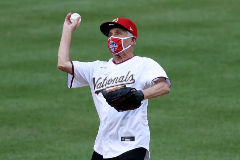 Dr. Anthony Fauci, director of the National Institute of Allergy and Infectious Diseases throws out the ceremonial first pitch prior to the game between the New York Yankees and the Washington Nationals at Nationals Park on July 23, 2020 in Washington, DC.
