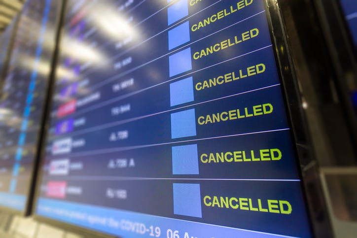 Cancelled flights at an airport.