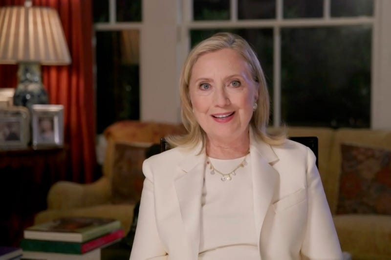 In this screenshot from the DNCC’s livestream of the 2020 Democratic National Convention, former first lady and Secretary of State Hillary Clinton addresses the virtual convention on August 19, 2020.