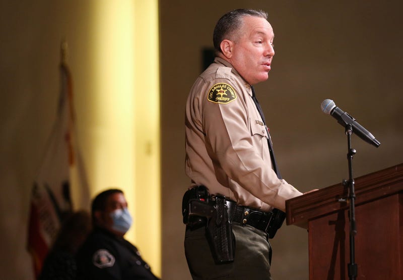 AUGUST 21: Los Angeles County Sheriff Alex Villanueva speaks at the graduation ceremony for Los Angeles County Sheriff's Department Academy Class 451 at East Los Angeles College amid the COVID-19 pandemic on August 21, 2020 in Monterey Park, California.