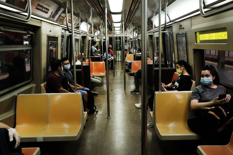 People ride a nearly empty Manhattan subway on August 26, 2020 in New York City.