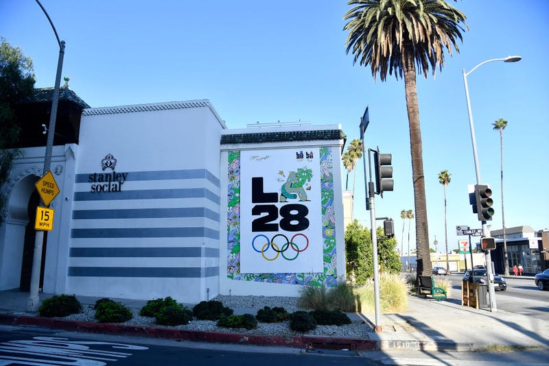 The LA28 Olympic mural by Artist Steven Harrington is displayed on the corner of Stanley Street and Sunset Boulevard on September 01, 2020, in Los Angeles.