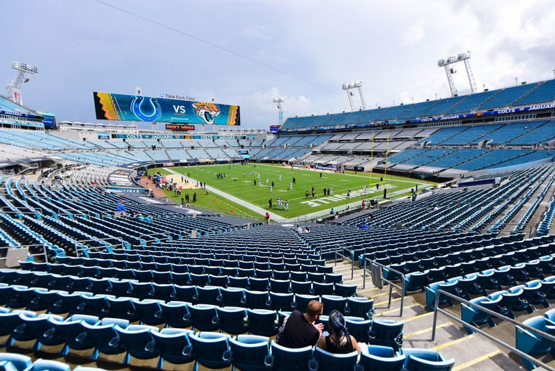 A general view of two fans sitting in an empty section at TIAA Bank Field before a game between the Jacksonville Jaguars and the Indianapolis Colts on September 13, 2020 in Jacksonville, Florida.