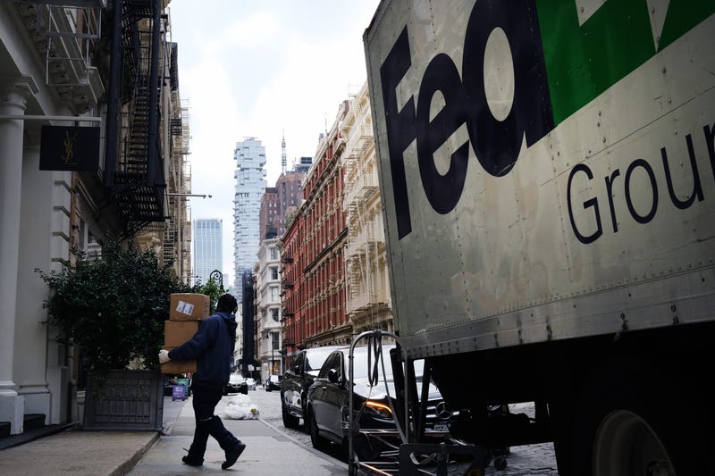 A FedEx truck makes deliveries in Manhattan on September 17, 2020 in New York City.