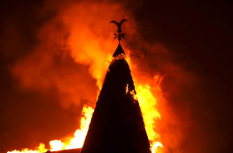 The steeple at Chateau Boswell Winery burns as the Glass Fire moves through the area on September 27, 2020 in St. Helena, California.