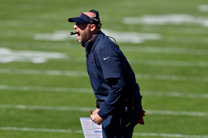Head coach Matt Nagy of the Chicago Bears calls out instructions in the first quarter against the Carolina Panthers at Bank of America Stadium on October 18, 2020 in Charlotte, North Carolina.