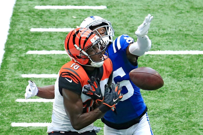 A pass intended for A.J. Green gets deflected.