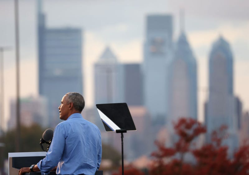 Former U.S. President Barack Obama speaks during a drive-in rally while campaigning for Democratic nominee Joseph Biden