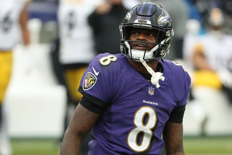 Lamar Jackson looks toward the stands against the Steelers.
