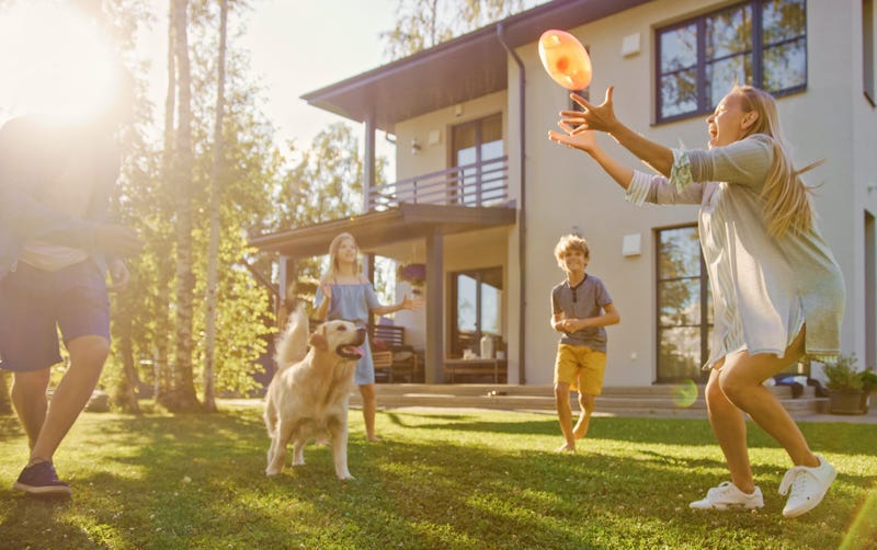Family of Four Play Catch Toy Ball with Happy Golden Retriever Dog on the Backyard Lawn