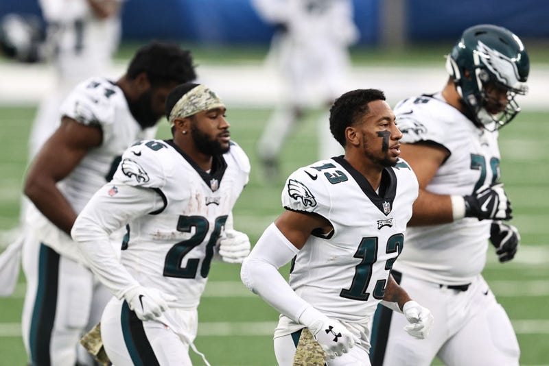 Travis Fulgham #13 of the Philadelphia Eagles runs back into the locker room