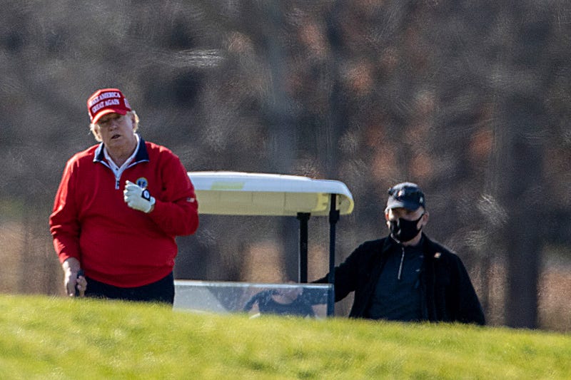 President Donald Trump golfs at Trump National Golf Club on November 26, 2020 in Sterling, Virginia. President Trump stayed in Washington, DC this year for Thanksgiving due the COVID-19 outbreak.
