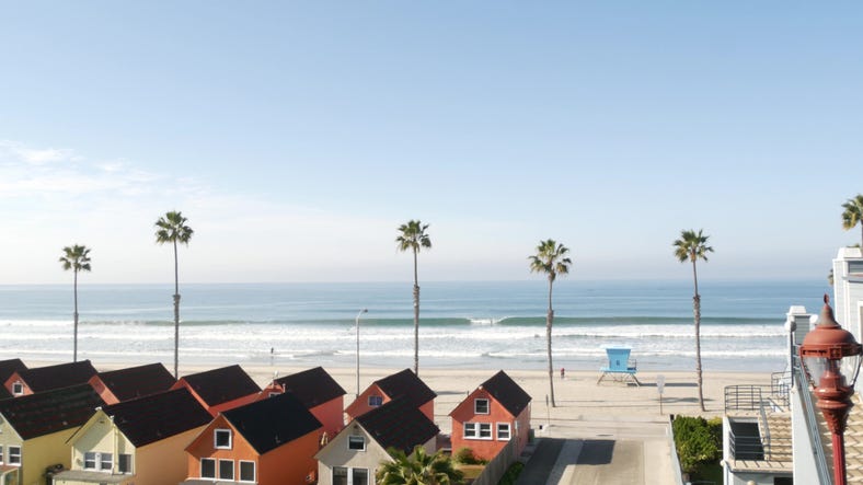 Colorful waterfront cottages in Oceanside, California.