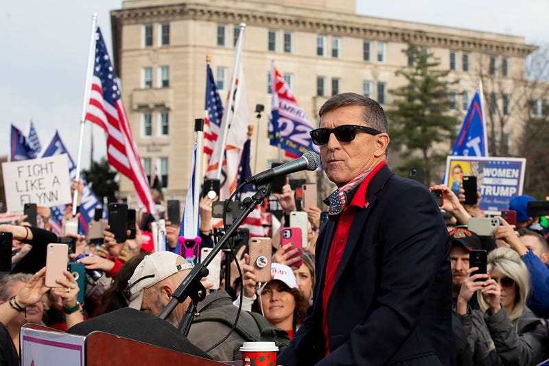 Michael Flynn speaks during a protest of the outcome of the 2020 presidential election outside the Supreme Court on December 12, 2020.