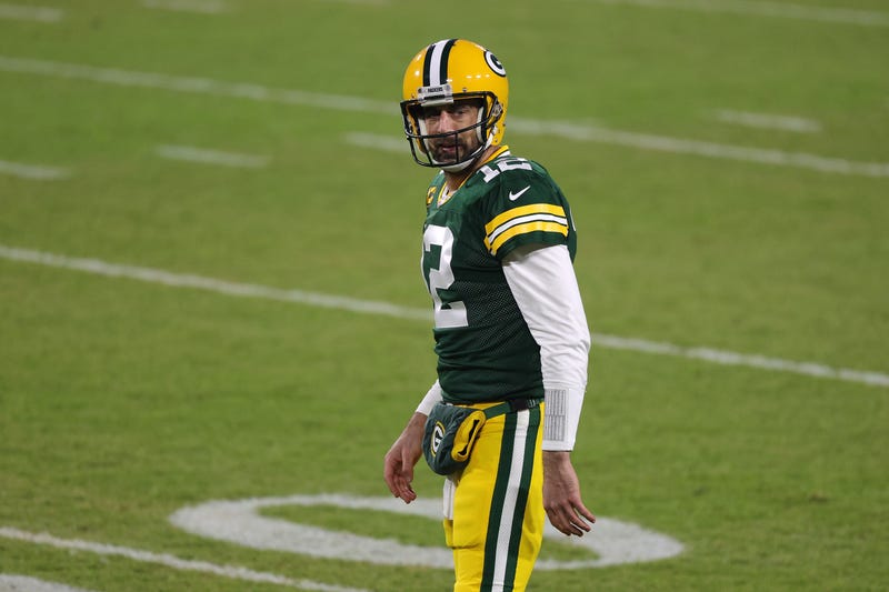 Green Bay Packers quarterback Aaron Rodgers on the field.