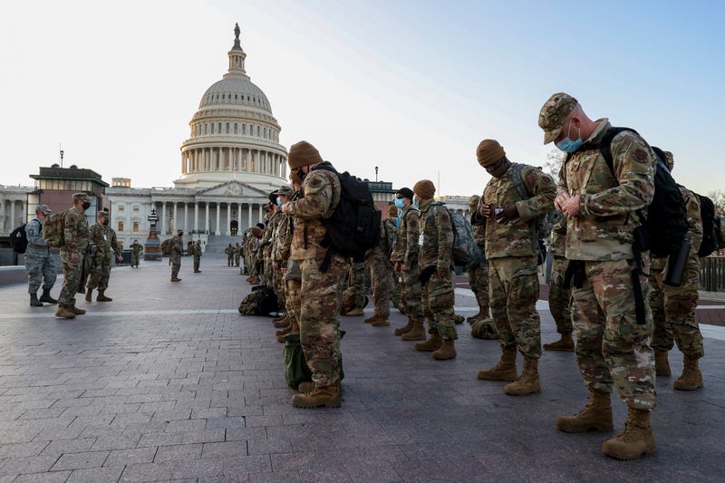 Members of the U.S. National Guard arrive at the U.S. Capitol on January 12, 2021 in Washington, DC. The Pentagon is deploying as many as 15,000 National Guard troops to protect President-elect Joe Biden's inauguration on January 20, amid fears of new violence.