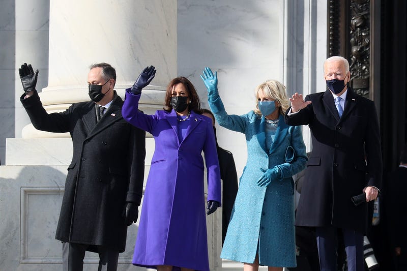 (L-R) Doug Emhoff, U.S. Vice President-elect Kamala Harris, Jill Biden and President-elect Joe Biden wave as they arrive on the East Front of the U.S. Capitol for the inauguration on January 20, 2021 in Washington, DC. During today's inauguration ceremony Joe Biden becomes the 46th president of the United States.