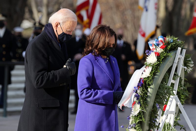 U.S. President Joe Biden and Vice President Kamala Harris attend a wreath-laying ceremony at Arlington National Cemetery's Tomb of the Unknown Soldier after the 59th Presidential Inauguration ceremony at the U.S. Capitol January 20, 2021 in Arlington, Virginia. During today's inauguration ceremony Joe Biden becomes the 46th president of the United States.