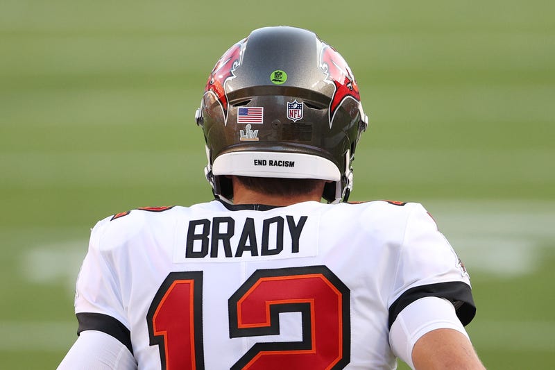 Tampa Bay Buccaneers quarterback Tom Brady on the field during Super Bowl 55.