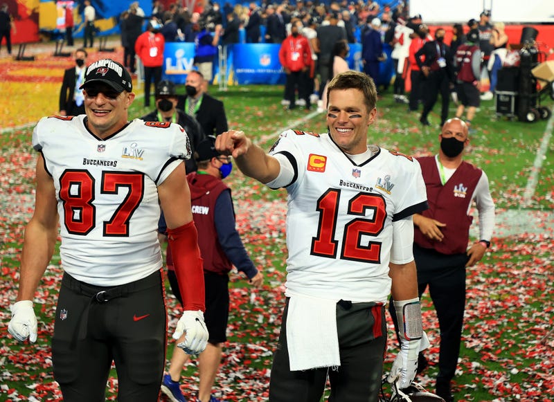 Tom Brady and Rob Gronkowski celebrate after the Tampa Bay Buccaneers' victory in Super Bowl LV on Feb. 7, 2021.