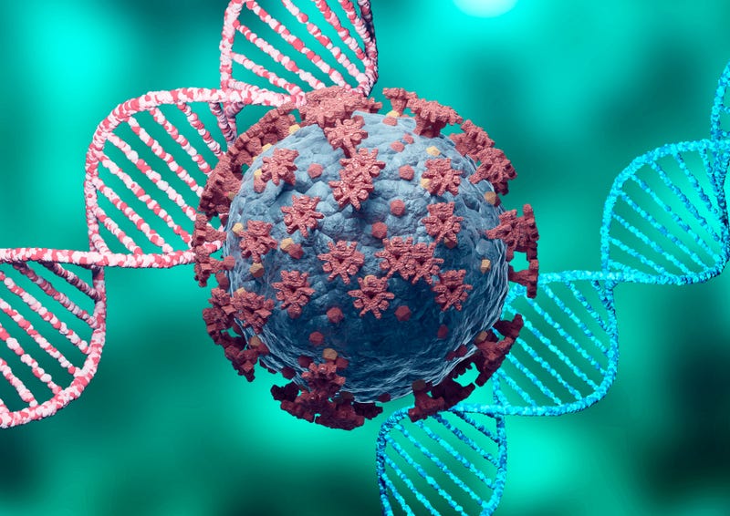 Coronavirus and DNA, virus mutation. New variant and strain of SARS CoV 2. Microscopic view. 3D rendering.