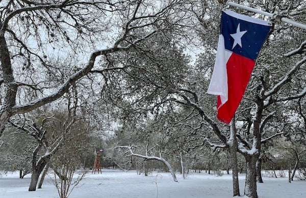 Texas landscape and flag in snow