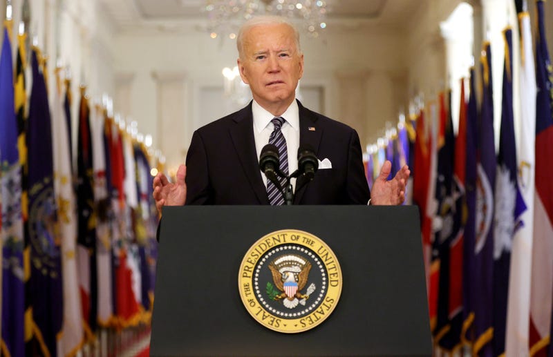 President Joe Biden speaks as he gives a primetime address to the nation from the East Room of the White House March 11, 2021 in Washington, DC.