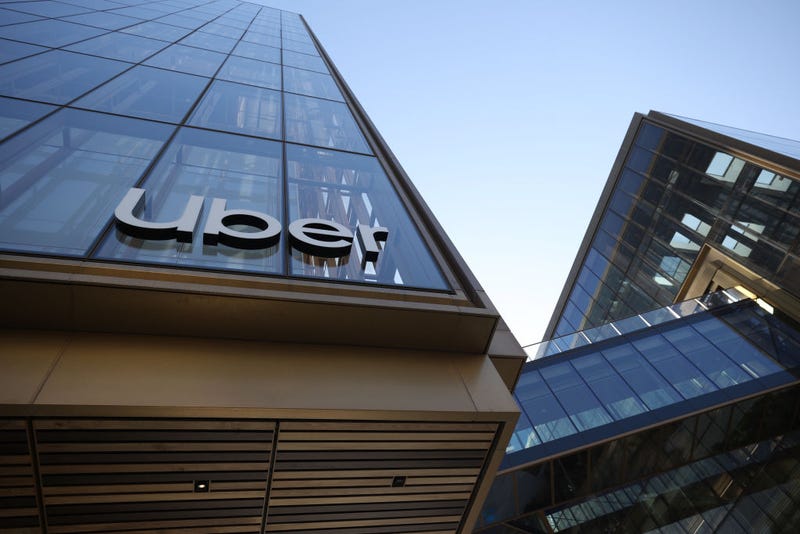 A sign posted on the exterior of Uber headquarters in San Francisco.