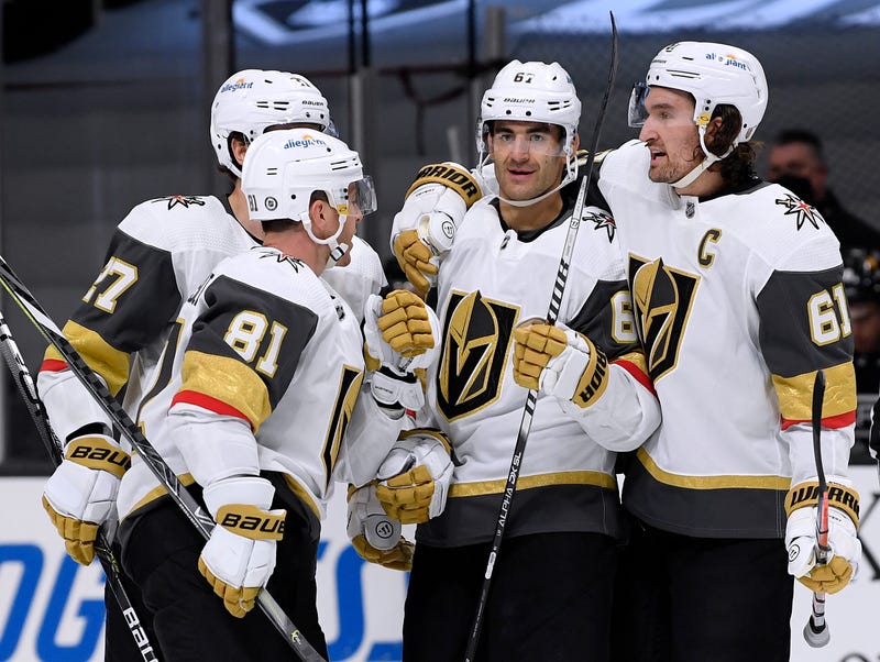 Max Pacioretty #67 of the Vegas Golden Knights celebrates his goal with Mark Stone #61, Jonathan Marchessault #81 and Shea Theodore #27, to take a 4-2 lead over the Los Angeles Kings,during the third period in a 4-2 Knights win at Staples Center on April 12, 2021 in Los Angeles, California.