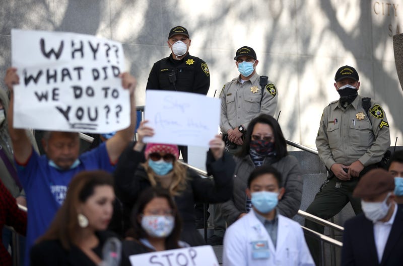 San Francisco sheriff deputies monitor a rally for justice for AAPI crime victims at the Thomas J. Cahill Hall of Justice on April 14, 2021 in San Francisco, California.