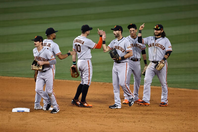San Francisco Giants celebrate a recent win at Dodger Stadium.