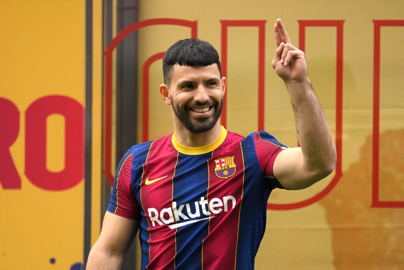 Sergio Aguero reacts as he is presented as a Barcelona player at the Camp Nou Stadium on May 31, 2021 in Barcelona, Spain.