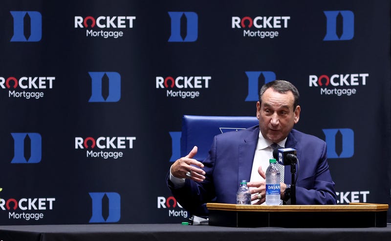 Duke head coach Mike Krzyzewski talking to reporters.