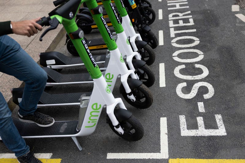 Scooters are lined up in a bay during a photo-call at the launch of an E-Scooter pilot program on June 07, 2021 in London, England.