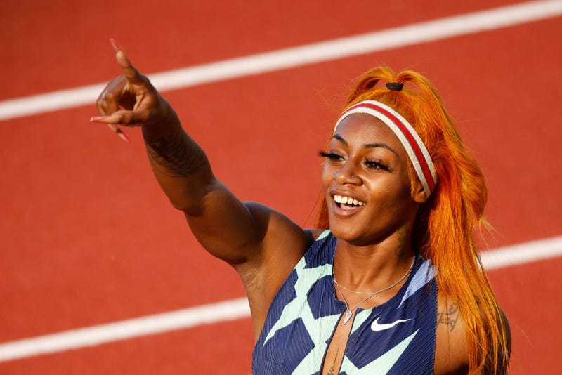 Sha'Carri Richardson reacts after competing in the Women's 100 Meter Semi-finals on day 2 of the 2020 U.S. Olympic Track & Field Team Trials at Hayward Field on June 19, 2021 in Eugene, Oregon.