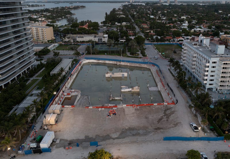 In this aerial view, the cleared lot that was where the collapsed 12-story Champlain Towers South condo building once stood on July 31, 2021 in Surfside, Florida. A total of 98 people died when the building partially collapsed on June 24, 2021.