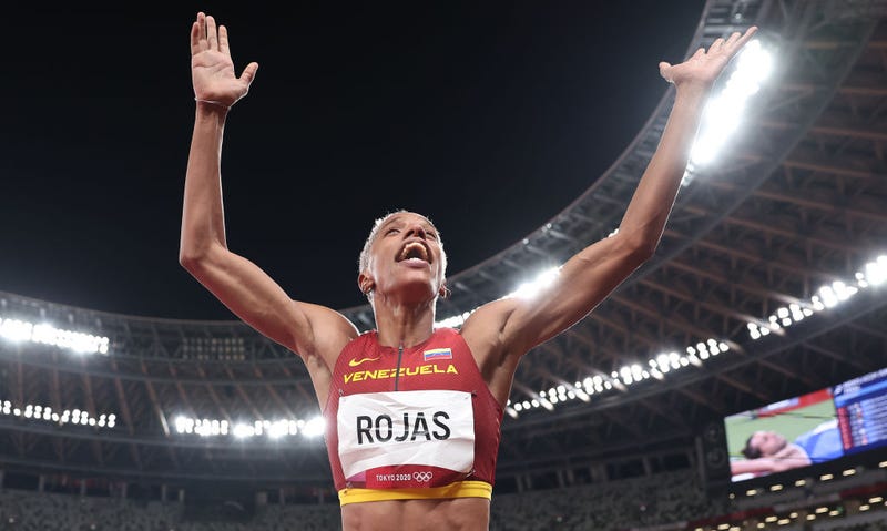 Yulimar Rojas of Team Venezuela celebrates in the Women's Triple Jump Final on day nine of the Tokyo 2020 Olympic Games at Olympic Stadium on August 01, 2021 in Tokyo, Japan. Rojas set a new world record at 15.67m.