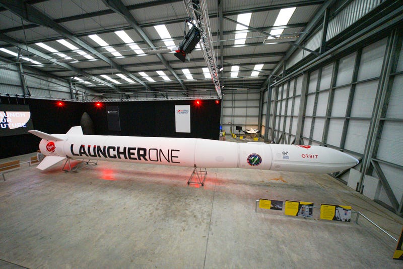 The Virgin Orbit Launcher One rocket is displayed on the opening day of the Story of a Satellite summer exhibition at Spaceport Cornwall on Aug 2, 2021 in Newquay, England. Spaceport Cornwall is aiming to launch its first satellites in spring of 2022.