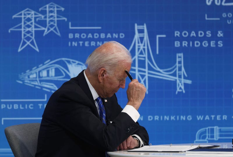 U.S. President Joe Biden participates in a virtual meeting on Infrastructure Investment and Jobs Act at South Court Auditorium at Eisenhower Executive Office Building August 11, 2021 in Washington, DC. President Biden met with Governors, Mayors, and other states, local, and tribal officials virtually to discuss “the importance of the bipartisan Infrastructure Investment and Jobs Act to fix crumbling roads and bridges, make a historic investment in transit, modernize water infrastructure, invest in electric vehicle infrastructure, and expand broadband access to all Americans.”