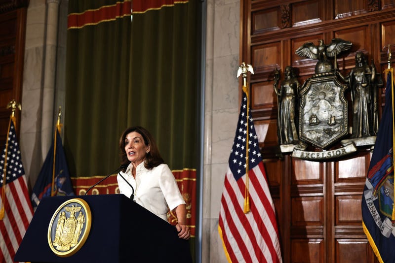 New York Gov. Kathy Hochul speaks after taking her ceremonial oath of office at the New York State Capitol on August 24, 2021 in Albany, New York. Gov. Hochul was sworn in today as New York State's 57th Governor, making her New York's first female governor. Hochul took over after Gov. Andrew Cuomo announced he would resign following the release of a report by the NYS Attorney General Letitia James, that concluded Cuomo had sexually harassed nearly a dozen women.