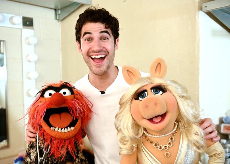 Animal, Darren Criss and Miss Piggy pose backstage during Elsie Fest 2021: Broadway's Outdoor Music Festival at Prospect Park Bandshell on August 29, 2021 in New York City.