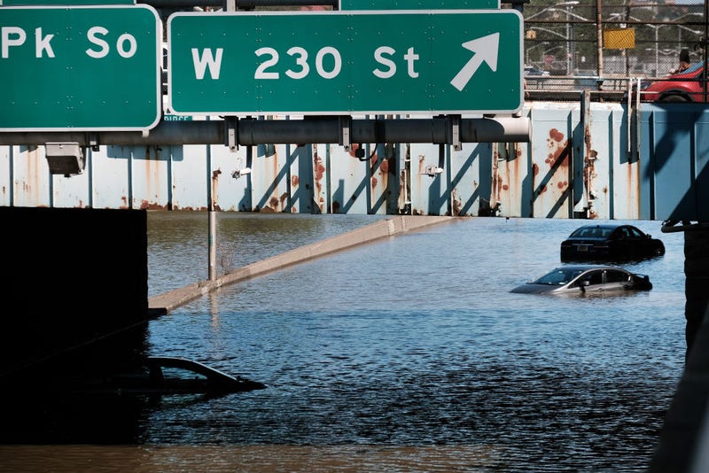 Cars sit abandoned on the flooded Major Deegan Expressway following a night of extremely heavy rain from the remnants of Hurricane Ida on September 02, 2021 in the Bronx borough of New York City.